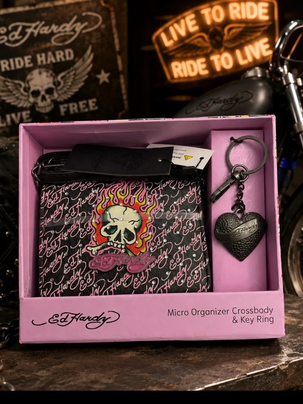 Ed Hardy Black & Pink Skull Flame Micro Organizer with Heart Key Ring